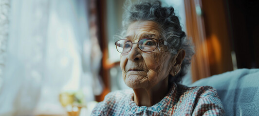 An elderly woman wearing glasses sits comfortably on a couch, perhaps reflecting on memories or enjoying a moment of relaxation - obrazy, fototapety, plakaty