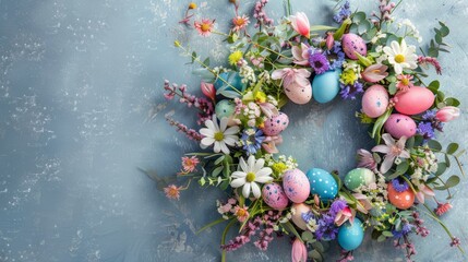 Handmade easter wreath with colored eggs and spring flowers. Creative workshop idea