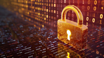 A large padlock with binary code 0s and 1s etched on the lock body symbolizing digital security measures set against a background of streaming binary code to represent big data