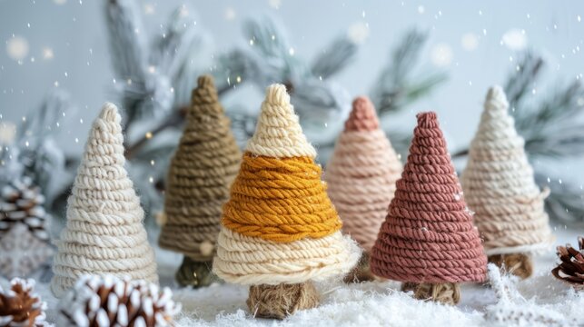 Christmas craft background with handmade yarn cone xmas trees in natural colors
