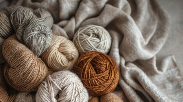 Craft knitting hobby background with yarn in natural colors. Recomforting hobby to reduce stress for cold fall and winter weather