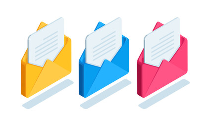 isometric set of open envelope icons, in color on white background, read letter or text document on mail