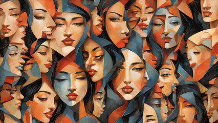 Kubistische Collage vieler Gesichter - obrazy, fototapety, plakaty