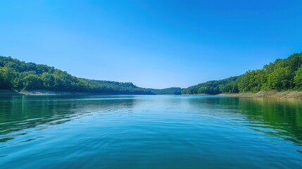 Panoramic landscape photo for a website featuring a clear blue sky over a serene lake on a beautiful summer day.