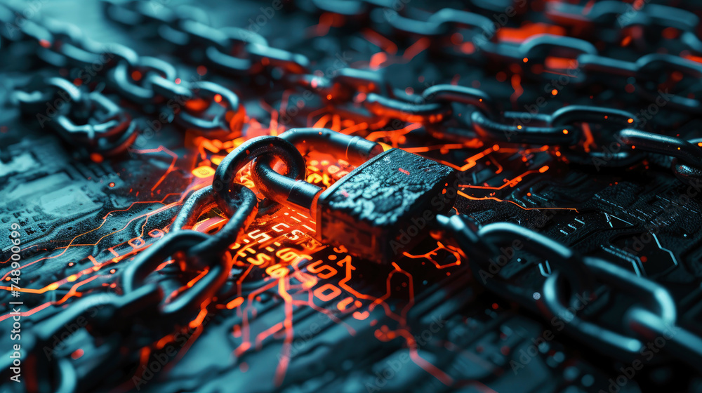Poster depict a fractured padlock or chain embellished with digital motifs including binary numbers or circ
