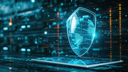 An artistic rendition of a computer encased in a virtual protective barrier akin to a translucent shield crafted with graphic effects or props embodying a defense against cyber threats