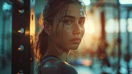 A focused female athlete, sweat glistening on her face, post-workout in a gym setting with warm, motivational lighting. - obrazy, fototapety, plakaty