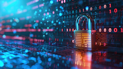 An image of a sizable padlock its body adorned with binary code signifying digital security placed in front of a backdrop filled with cascading binary code indicative of big data