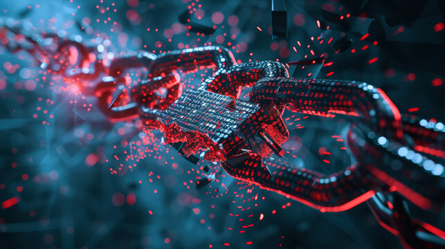 An image of a shattered chain or padlock, merged with digital components like binary code or circuit designs, symbolizing the thwarting of cyber attacks or the efficacy of cybersecurity strategies
