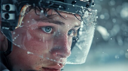 Close-up of a young ice hockey player looking off the rink, with moisture beading on his visor and helmet.