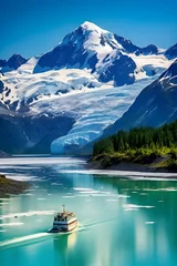Foto op Aluminium Breathtaking Alaskan Landscape: Glacial Waterscape with Cruising Boat © Adele
