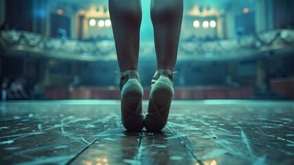 Glittering ballerina shoes on a scratched theater stage, spotlight on talent and hard work in dance. - obrazy, fototapety, plakaty