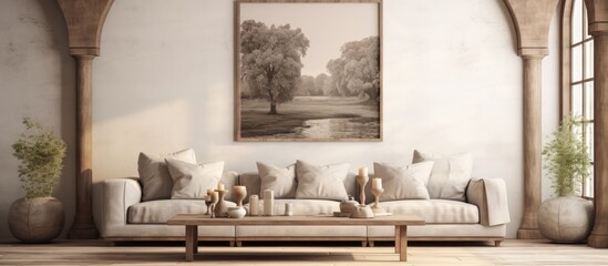 A living room interior filled with various pieces of furniture such as a sofa, coffee table, and armchair. On the wall, there is a large painting hanging above the furniture, adding to the rooms decor