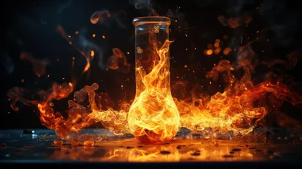 Rolgordijnen Laboratory glassware with fire flames on dark background © Ali