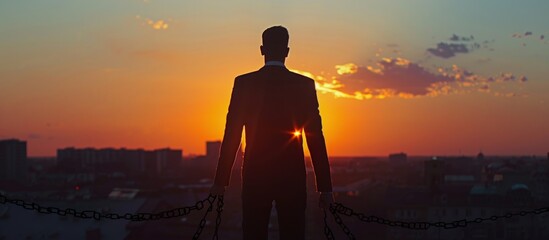 The silhouette of a businessman breaking the chains that shackle him is a symbol of an entrepreneur's struggle towards success. - obrazy, fototapety, plakaty