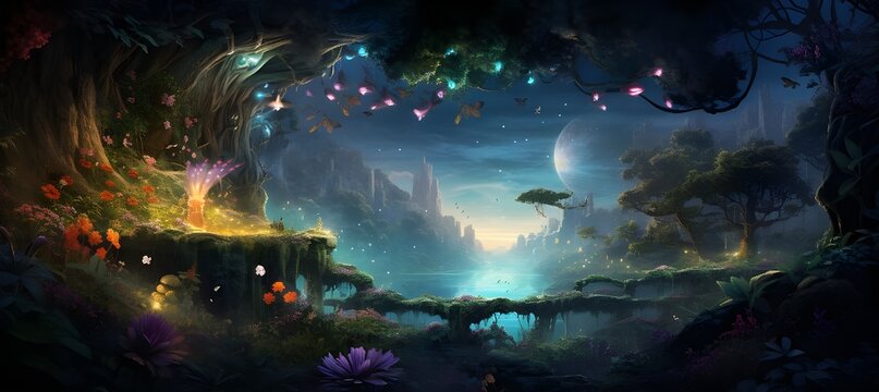 Picture a mystical garden, with luminous Mystic Moonflowers blooming under a starry sky in  Craft an image of a dense, enchanted forest illuminated solely by the glow of Mystic Moonflowers, rendered i