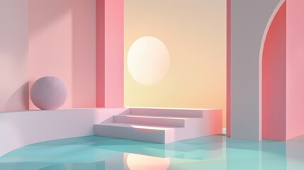 Abstract 3D surrealism background with the inclusion of geometric shapes and soft pastel tones.
