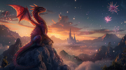 Fantasy landscape with dragon and firework. 3D illustration.