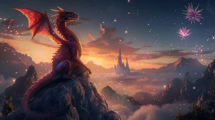 Zelfklevend Fotobehang Fantasy landscape with dragon and firework. 3D illustration. © Archi