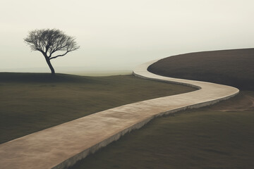 Surreal calm scene of pathway in empty landscape with single tree.