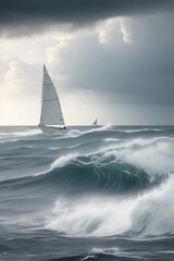 Sailboat in the sea with waves in cloudy weather, in gray tones