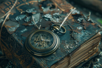 A time-worn pocket watch rests on a vintage table, accompanied by an ink quill and parchment.
