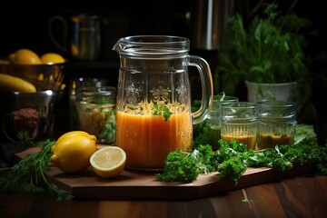 Freshly squeezed carrot and lemon juice, juice in a mug and green fresh dill.