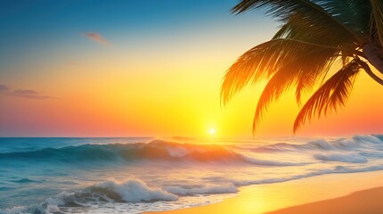Seascape with waves in the sea, picturesque sky during sunset and palm branches