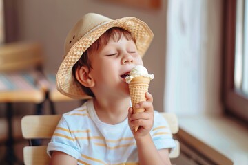 A little boy eats ice cream with pleasure