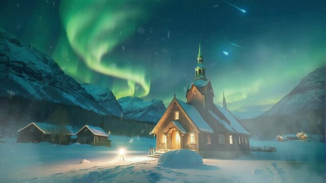 A historic wooden church in the Antarctic, surrounded by a blanket of snow.
