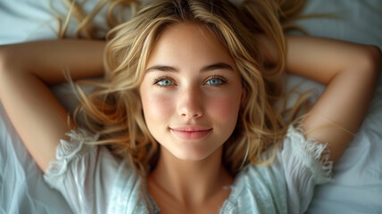 Obraz premium young beautiful blonde with long hair lies in bed and looks straight at the camera