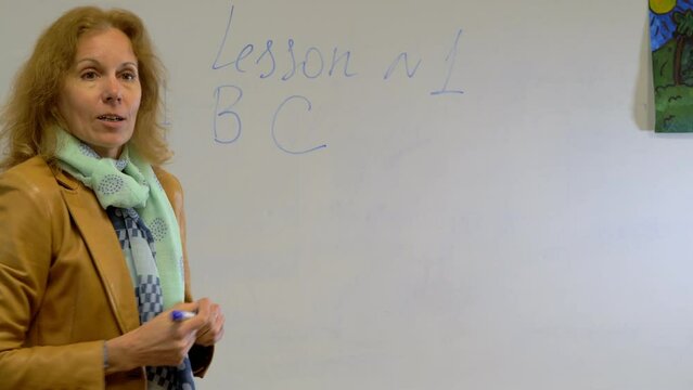 english teacher at the blackboard explains the basics of the english language