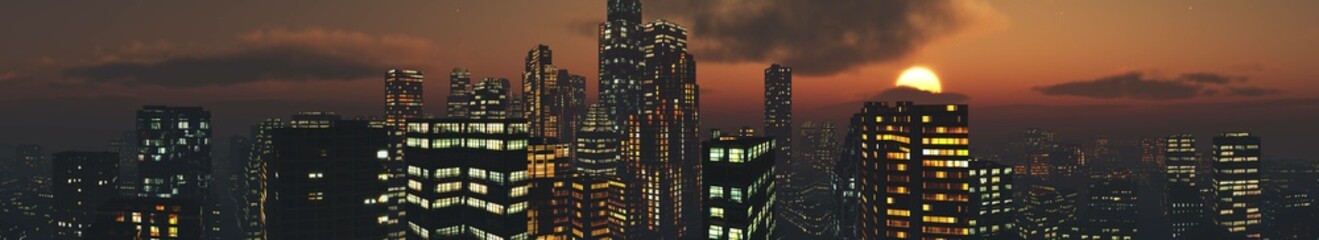 Great cityscape in the evening at sunset, night city with skyscrapers, 3D rendering