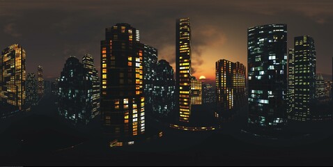 Panpanorama of the night city, HDRI, environment map, Round panorama, spherical panorama, equidistant projection, 360 high resolution panoramorama, 3d rendering