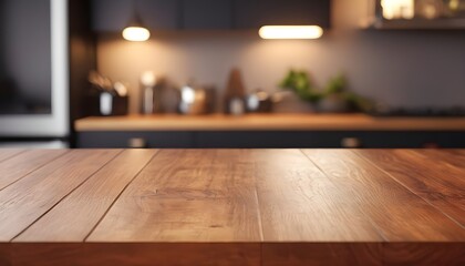 Stylish-Wooden-Table-Top-on-Blurred-Kitchen-Background---Ideal-for-Product-Displays-with-blur-bokeh-effect