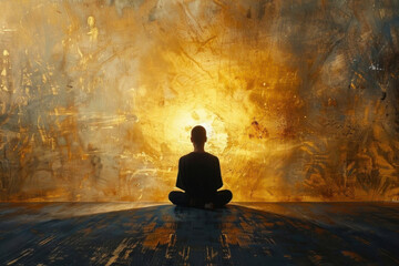 Find tranquility in this stunning image of a person meditating against a gold-tinged abstract backdrop