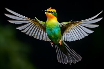 Fototapeta premium Close up of flying colorful tropical bird in the air on a rainy weather day.