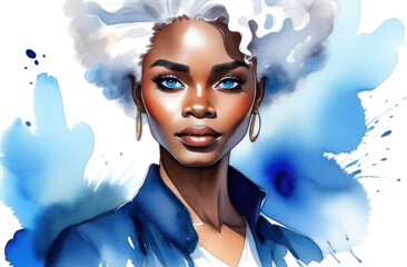 Stunning digital portrait of afro american woman with piercing blue eyes, - obrazy, fototapety, plakaty