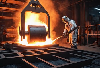 Steelmaker wearing protective clothe at ingot casting. Electric arc furnace shop. Metallurgy. steelmaker pours pig iron. Manufacturing steel works. Generative Ai - obrazy, fototapety, plakaty