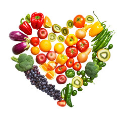 heart shape of various vegetables and fruits, isolated on a white background.