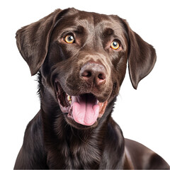Fototapeta premium Studio headshot portrait of Chocolate Labrador retriever with quirky expression against a white background