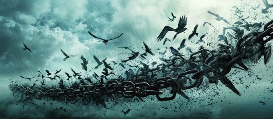 A symbolic illustration of freedom, the silhouette of a bird flying free from chains depicts liberation and victory. AI generate - obrazy, fototapety, plakaty