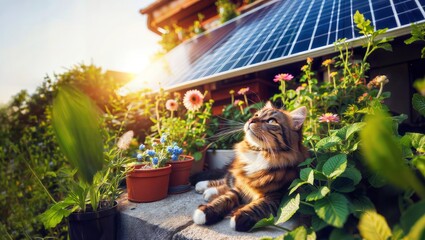 A cat sitting on a ledge under the solar panel, surrounded by potted plants and flowers. - Powered by Adobe