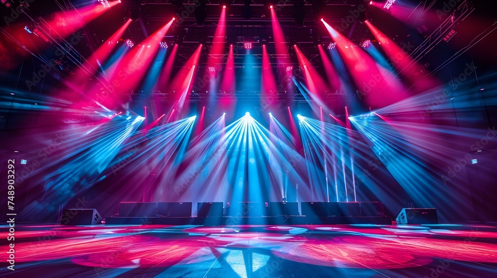 Poster vibrant stage lights illuminating empty dance stage for dynamic performance backdrop. concept stage 