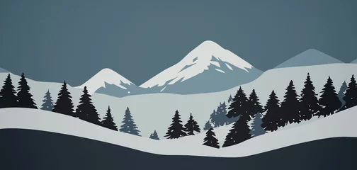 Deurstickers paesaggio invernale con monti innevati e colline di conifere © divgradcurl