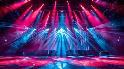 Vibrant stage lights illuminating empty dance stage for dynamic performance backdrop. Concept Stage...