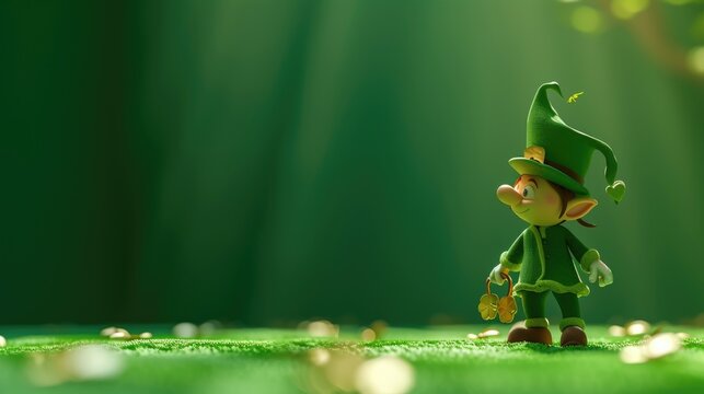 The image depicts a diminutive, playful character dressed in a traditional leprechaun costume, complete with a green hat and suit, standing on a verdant, mossy surface that's sprinkled with shiny gold