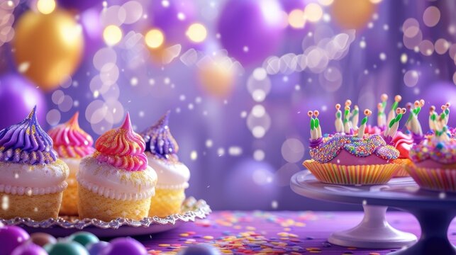 The image showcases a delightful assortment of cupcakes with multi-colored frosting and sprinkles, presented on a surface and a cake stand against a backdrop of purple and gold balloons. The foregroun