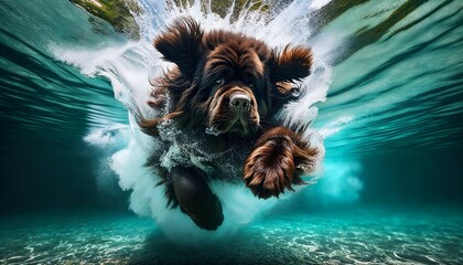 Newfoundland Dog plunging into water. Generative AI.