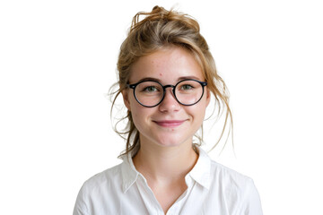 Obraz premium Studio portrait of a beautiful young Caucasian Americana business woman wear glasses and casual shirt with an attractive smile, isolated on transparent png background.